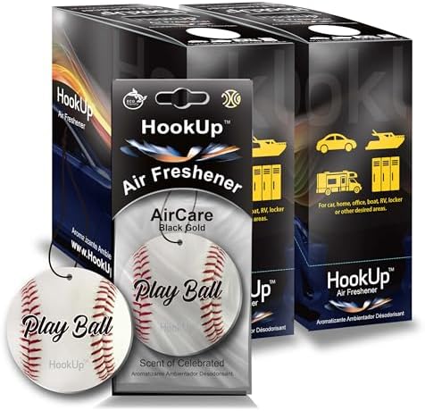 Baseball Car Air Freshener by HookUp - 50 Pack - Black Gold Scent (Extra Strong) | Unique Baseball Gift for Players, Coach, Fans | Hanging Car Accessory with Long Lasting Fresheners Smell by HookUpAirCare