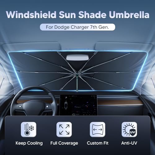 Autorder Umbrella Windshield Sun Shade for 2011-2023 Dodge Charger Sunshade Accessories,Upgraded Ice Crystal Material, Windshield Umbrella Front Window Sunshade, Foldable Block UV Rays Keep Car Cool - Image 2