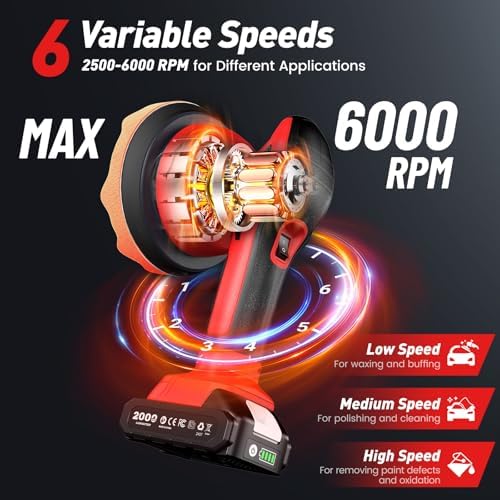 6 Inch Cordless Car Buffer Polisher kit w/ 2x2000mAh 21V Batteries - Image 3
