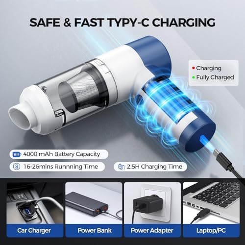Handheld Vacuum Cordless, 16000PA High Power Car Vacuum with Brushless Motor, 4-in-1 Portable Mini Vacuum & Air Duster, 2 Speeds, 3 Washable Filters & Type C Charging for Pet Hair, Home, Car & Office - Image 5