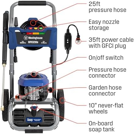 Westinghouse WPX3200e Electric Pressure Washer, 3200 Max PSI and 1.76 Max GPM, Universal Motor, Onboard Soap Tank, Spray Gun and Wand, 5 Nozzle Set, for Cars/Fences/Driveways/Homes/Patios/Furniture - Image 4
