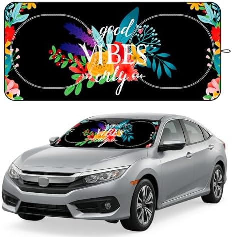 Windshield Sun Shade for Car, 63"x28.5" Stylish Printed Front Window Sunshade with Double Steel Ring Frame, Universal Fit Foldable Heat Blocker & UV Protector, with Storage Pouch (Flowers) by Unknown