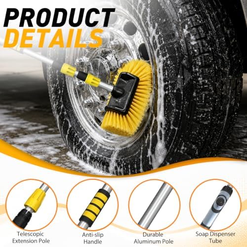 SISUPASSIE 12FT Car Wash Brush with Long Handle, Telescopic Car Wash Brush with Soap Dispenser, 12-Inch Soft Bristle Car Cleaning Brush for Cleaning Car, RV, Truck, Boat, Solar Panels, Yellow - Image 2
