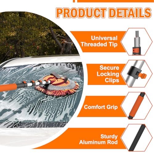 LAANPOLE 20FT Car Wash Brush with Long Handle, Car Cleaning Kit with Soft Bristle Wash Brush, Microfiber Cleaning Mop, Window Squeegee, Mitt, Wheel Brush, Bucket, Drying Towel for RV, Truck, Boat - Image 3
