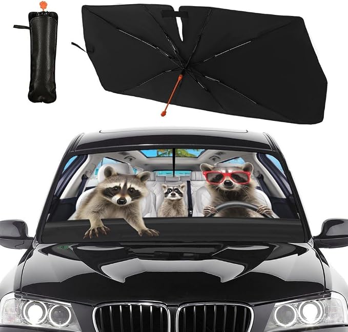 Raccoon Car Windshield Sunshade Umbrella Funny Raccoon Sun Shade Umbrella for Car Raccoon Foldable Car Window Shades Windshield Sun Shades Umbrella Cover 57 x 30 in - Image 3