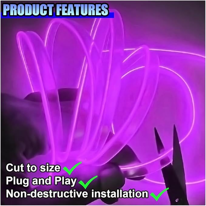 ZIMISI EL Wire Car Interior LED Strip Lights, Neon Light Strip (Purple) | 5V 16FT Car Ambient Lighting Decorations with Sewing Edge, USB Electroluminescent Car Interior Lights with Fuse Protection - Image 4