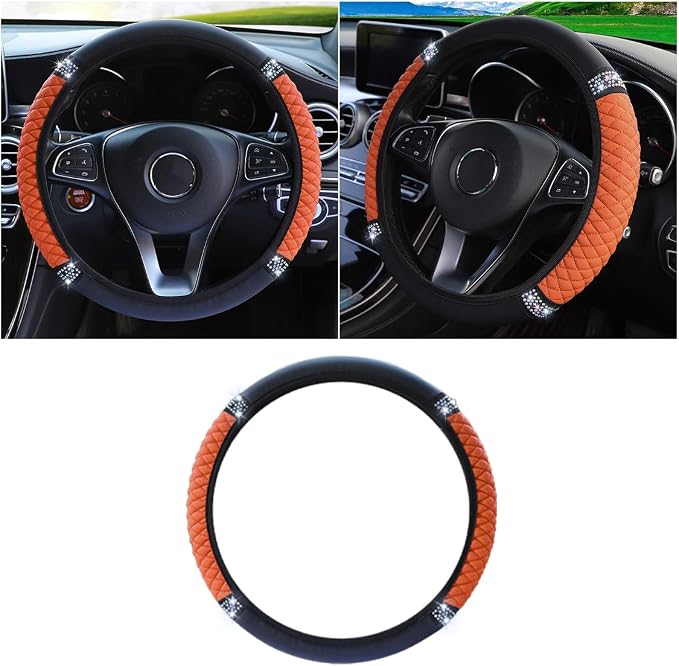 JOYCOURT 15 Inch Bling Soft Leather Car Steering Wheel Cover, Orange | Colorful Rhinestones Design, Auto Elastic Protector for Women Girls, Crystal Diamond Car Accessories for Most Cars, SUVs by JOYCOURT