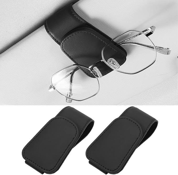 2 Packs Sunglass Holder for Car Sun Visor, Magnetic Eyeglass Hanger Clip for Car Visor, Leather Car Glasses Mount, Car Interior Visor Accessories (Black-2Pcs) by SAMGCHI