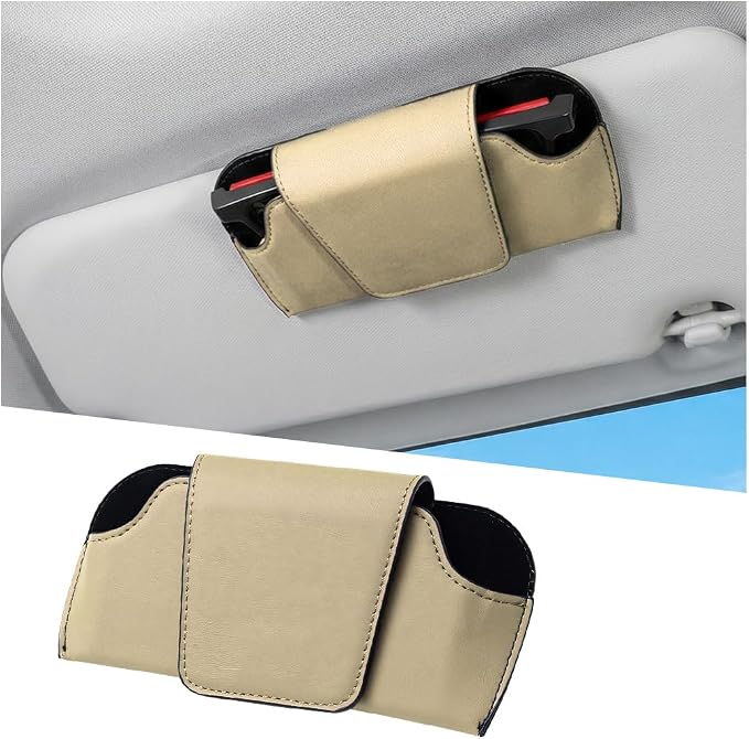 Sunglass Holder for Car Visor, PU Leather Magnetic Vehicle Glasses Organizer Box with Clips, Automotive Interior Eyeglasses Storage Case Accessories, Universal for Most Vehicles (Beige) - Image 7