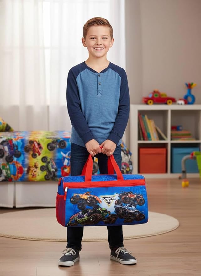 Monster Jam Kids’ Duffle Bag – Truck-Themed Travel Gym Bag with Adjustable Shoulder Strap, Mesh Side Pockets & Zipper Pocket - Image 2