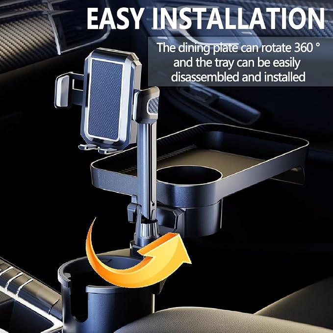 4 in 1 Adjustable Car Cup Holder, 360° Rotate Tray Cup Holder Expander with Phone Holder, Cup Holder Insert Fits Yeti Hydro Flask 16-46 oz, Detachable Food Tray Table for Car Road Trip Essentials - Image 2
