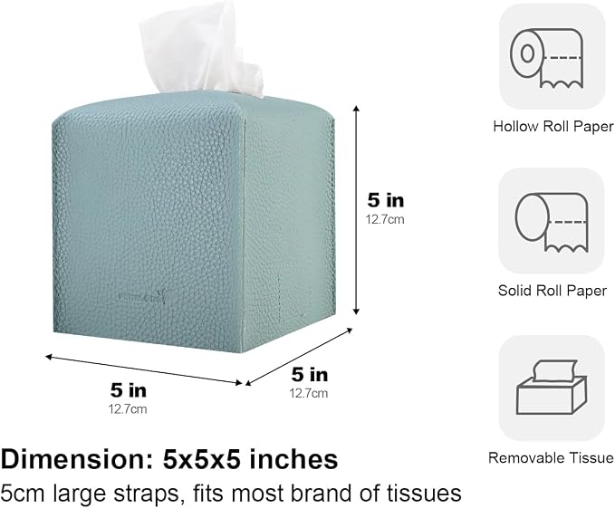 Tissue Box Cover 5X5X5'' PU Leather Tissue Holder Square Tissue Cube Box Organizer for Bathroom Vanity Countertop, Car, Night Stands, Office, Home, Kitchen (1Pack, Light Blue) - Image 5