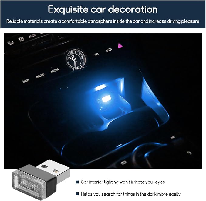 Dickno 4 PCS USB LED Car Interior Atmosphere Lamp, Portable Mini LED Night Light, Plug-in USB Interface Trunk Ambient Lighting Kit, Universal Vehicle Interior Accessories (Ice Blue) - Image 4