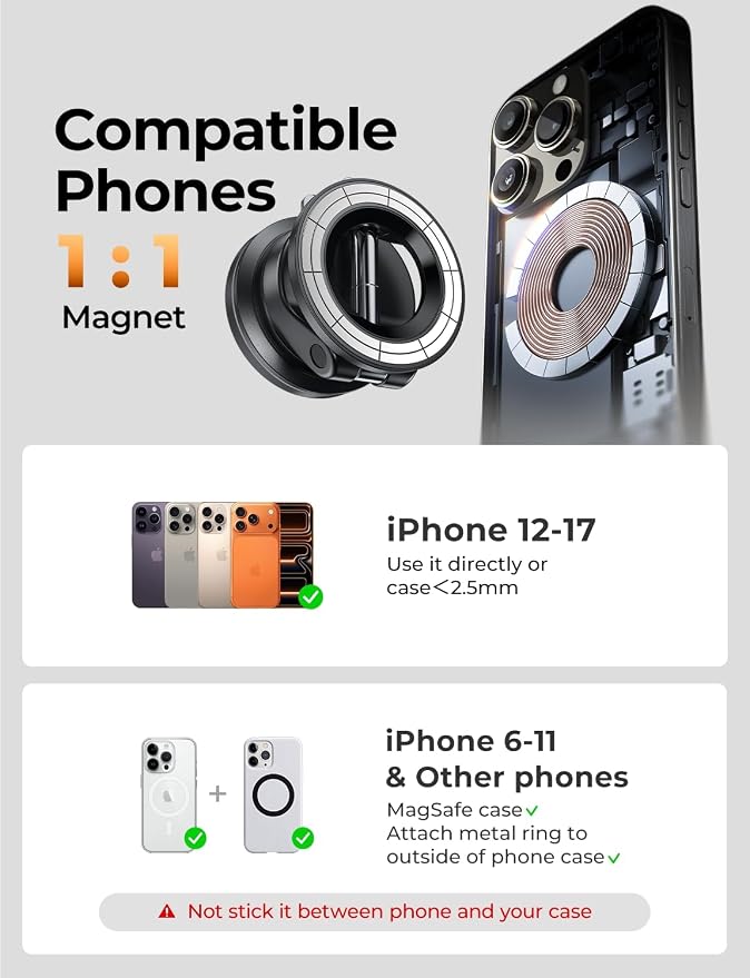 LISEN 2 Pack for Magsafe Car Mount, Magnetic Phone Holder for Car, Strong Magnetic Car Phone Mount, 89 LBS Suction Phone Mount Vacuum, Dashboard Gifts Phone Holders for Your Car Mount for iPhone 17 | 2400gf Strong Magnetic Power, 360° Adjustable Dashbo... - Image 7