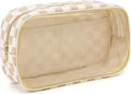 Fammart Clear Travel Makeup Bag for Women, TSA Approved Checkered Cosmetic Bag Make Up Car Organizer Case with Zipper, Large Waterproof Pouch Purse Toiletry Bag for Skincare, Brushes Travel Essentials by Fammart