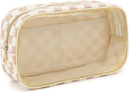 Fammart Clear Travel Makeup Bag for Women, TSA Approved Checkered Cosmetic Bag Make Up Car Organizer Case with Zipper, Large Waterproof Pouch Purse Toiletry Bag for Skincare, Brushes Travel Essentials by Fammart
