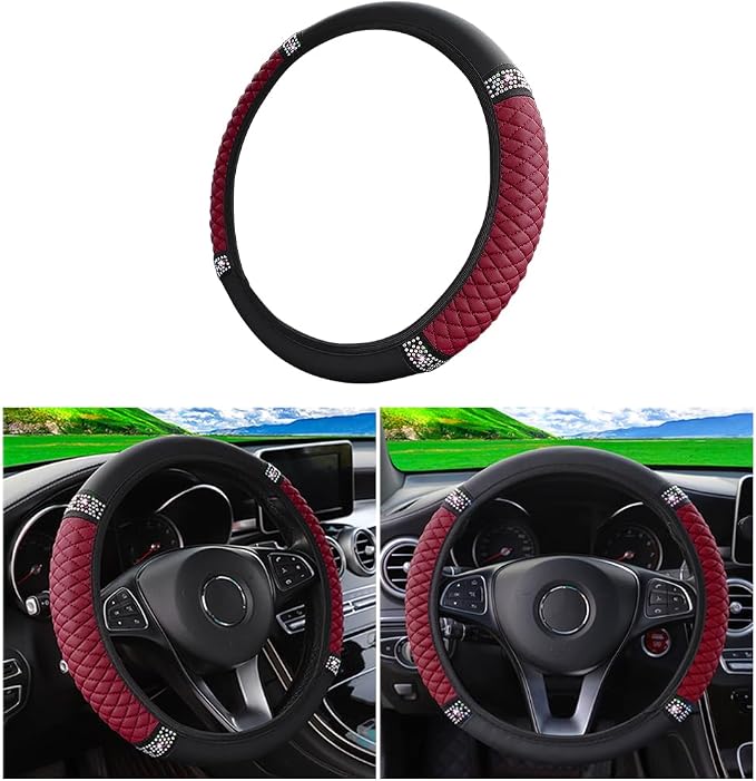 Osilly 15 Inch Rhinestone Leather Steering Wheel Cover, Wine Red | breathable non-slip surface, flexible ringless design, hand-stretch setup, fits matching rim sizes, automotive accessories by Osilly