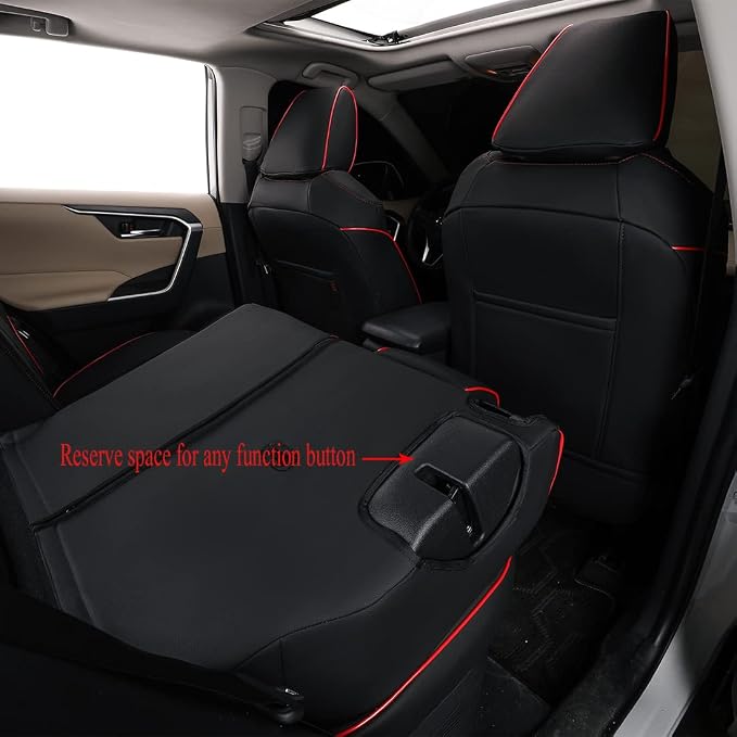 EKR Rav4 Seat Covers Custom Fit for Toyota Rav4(Gasoline) 2019 2020 2021 2022 2023 2024 2025 LE/XLE/XLE Premium/Limited,Leather Car Seat Cover Full Set for SUV,Faux Leather(Black with Red Piping) - Image 3