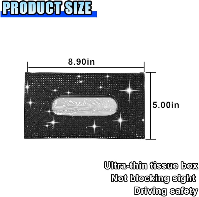 Bling Car Sun Visor Tissue Box Holder, PU Leather Auto Paper Towel Cover, Glitter Crystal Rhinestone Napkin Holder, Car Decoration Accessories for Women (Black) - Image 2