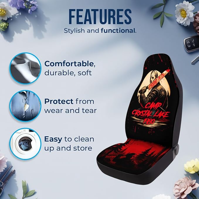 GENANY Vintage Horror Mask Car Seat Covers, 2-Piece Front Seat Set | 2-piece polyester front seat cover set, each 49.5 x 19.6 inches, with adjustable straps and hooks - Image 5