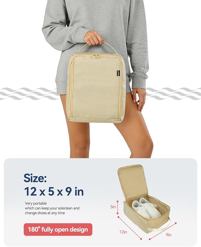 Gloppie Shoe Bags for Travel, Portable Shoe Storage Bag, Sahara Beige | 12 x 9 x 5 in travel shoe bag with a full-opening zipper, carry handle, and fold-flat design for shoes up to US size 10 - Image 2