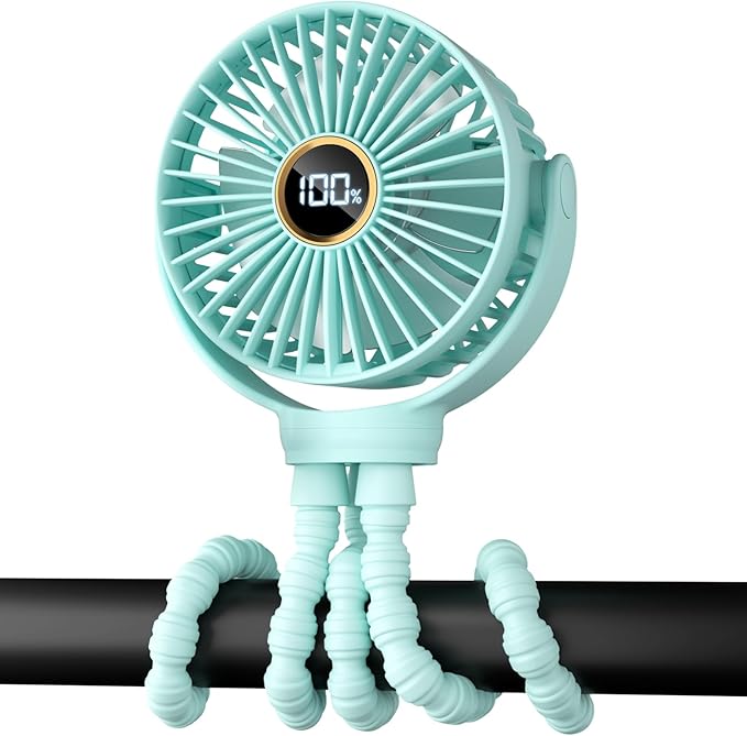 Portable Stroller Mini Fan, Small Rechargeable Personal Fan, Travel Essentials for Baby, Wagon, Car Seat, Treadmill, Battery Powered Biking Gear Accessories, 360° Rotation, 3-Speed, Display, Aqua - Image 6
