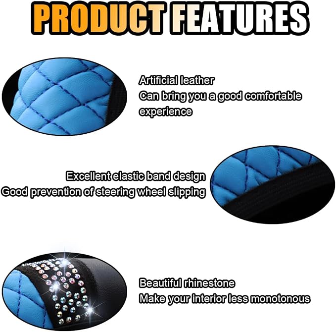 JOYCOURT 15 Inch Bling Soft Leather Car Steering Wheel Cover, Blue | Colorful Rhinestones Design, Auto Elastic Protector for Women Girls, Crystal Diamond Car Accessories for Most Cars, SUVs - Image 4