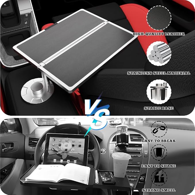 360° Rotating Leather Folding Cup Holder Table, Flodable Car Tray Laptop Desk, Steering Wheel Tray - Car Accessories for Women & Men,Fit Tesla Model Y/3/S, Ford F150 (Black) - Image 2