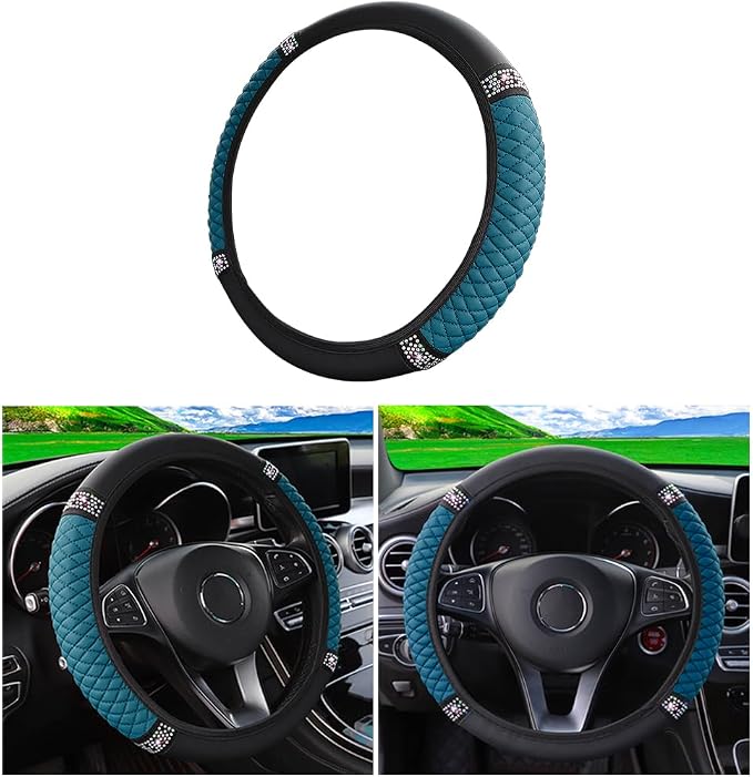 Osilly 15 Inch Rhinestone Leather Steering Wheel Cover, Black/Green | breathable non-slip surface, flexible ringless design, hand-stretch setup, fits matching rim sizes, automotive accessories by Osilly