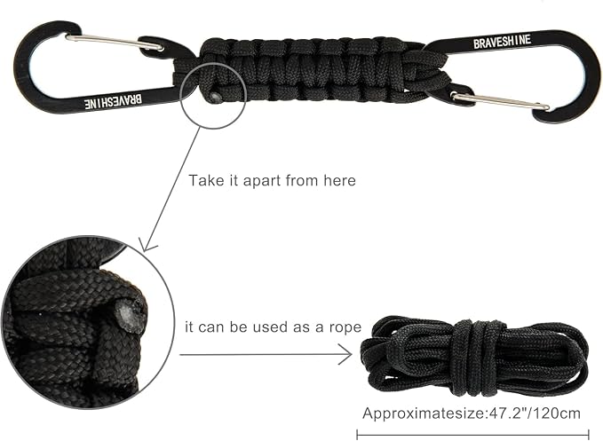 BRAVESHINE Paracord Keychain Carabiner Clip | D Ring Hanger Lanyard Hook | 7.3inch Long | for Stroller, Water Bottle, Key, Backpacks, Men, Women, Luggage, Car Seat Headrest, Fence, Bag Charms - Image 3