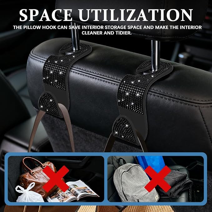4PCS Bling Car Seat Headrest Hooks, Purse Holder for Car, Vehicle Back Seat Purse Handbag Hanging Holder with Crystal Rhinestone, Diamond Car Rear Seat Organizer for Vehicles (Black) - Image 5