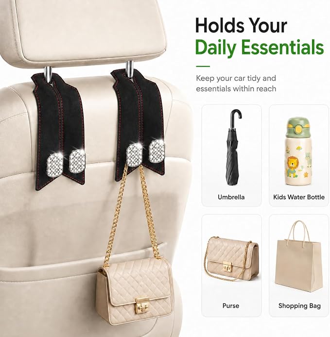 2 Pack Bling Car Headrest Hooks, Purse Hangers, Crystal Black | Sparkling rhinestones, premium leather, and dual metal hooks add style while holding purses, bags, coats, and groceries. - Image 7