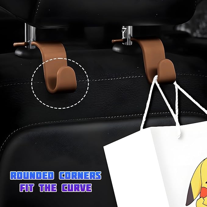 4 Pack 4.13 Inch Car Seat Headrest Hooks, Brown | plastic body, supports up to 55 lb, tool-free post fit, rotates beneath headrest when idle, interior storage accessory - Image 3