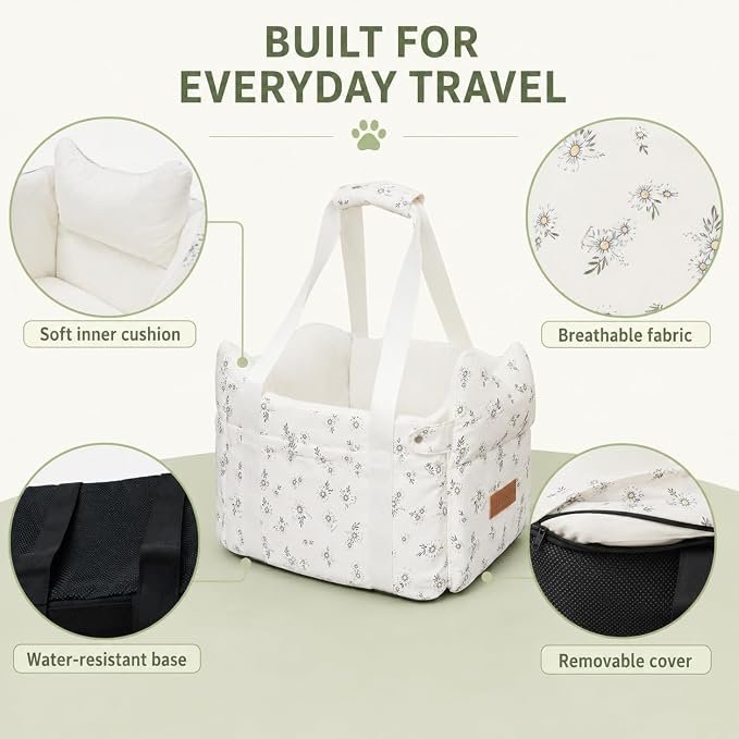 Center Console Dog Car Seat Safe Travel for Small Dogs Under 15 lbs | Detachable Washable Pet Carrier with Storage Pockets & Safety Leash,Off White - Image 7