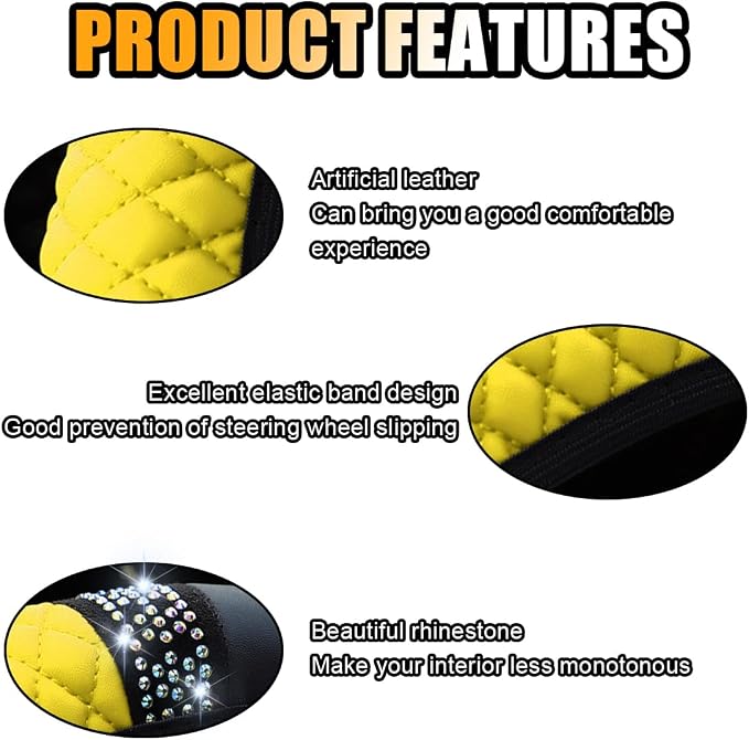 JOYCOURT 15 Inch Bling Soft Leather Car Steering Wheel Cover, Yellow | Colorful Rhinestones Design, Auto Elastic Protector for Women Girls, Crystal Diamond Car Accessories for Most Cars, SUVs - Image 4