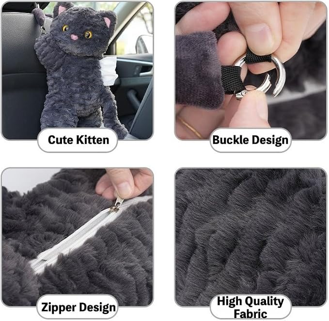 Cute Cat Car Tissue Holder Plush Kitten Paper Box for Backseat Adorable Hanging Organizer & Decor for Women Pet Lovers & Gifts (Black) - Image 3