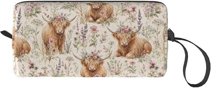 Highland Cow Wild Flowers Makeup Bag for Women | Small Travel Cosmetic Pouch with Zipper, Compact Makeup Organizer Bag for Purse, Toiletries, Skincare & Daily Essentials - Image 8
