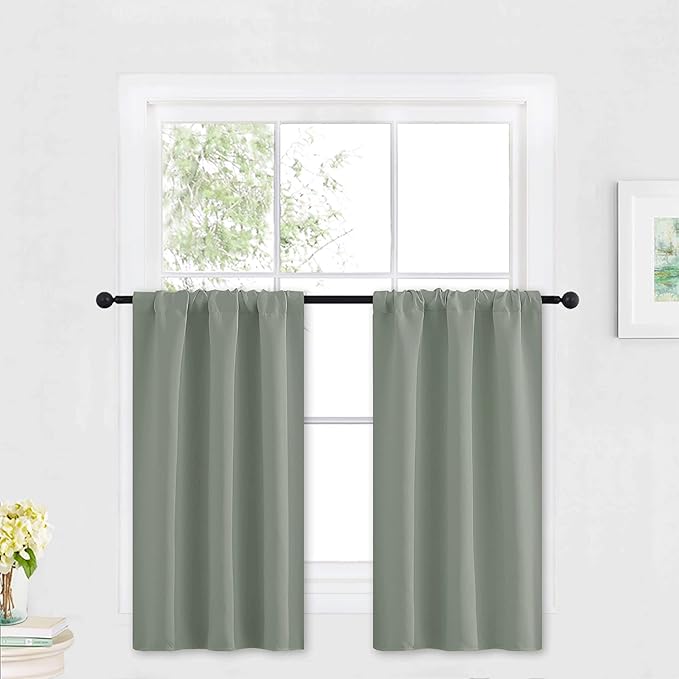 RYB HOME Cafe Blackout Curtains 30 inch Length, Short Window Curtain Tiers | Light UV Heat Blocking,Energy Saving,Privacy Protection,For Basement Bathroom Kitchen Window,W29 x L30,Greyish Green,2 Panels by RYBHOME