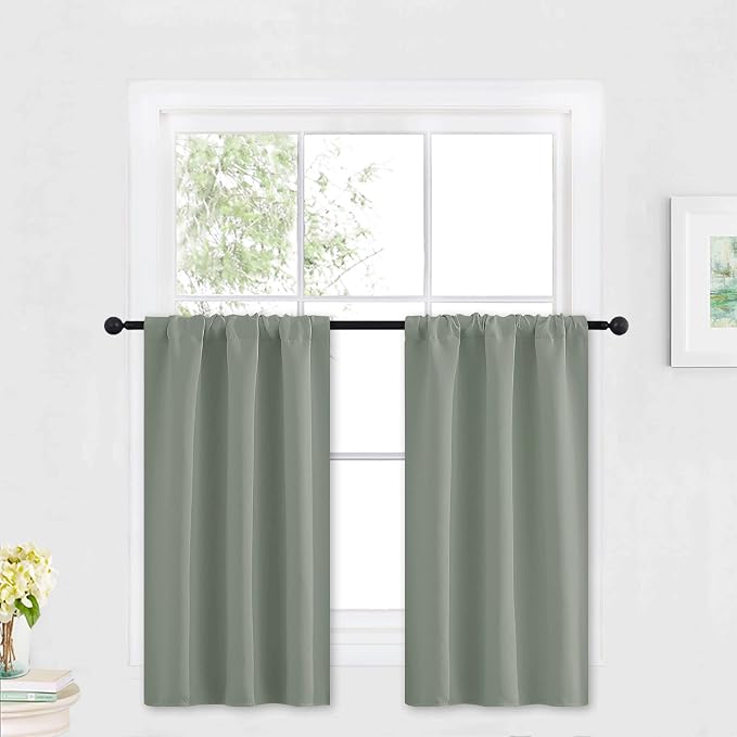 RYB HOME Kitchen Blackout Window Curtains Over Sink 36 inch Length | Summer Light UV Blocking,Energy Efficient,Cabinet Shelf Cupboard Blinds Window Coverings,W29 x L36,Greyish Green,2 Panels by RYBHOME