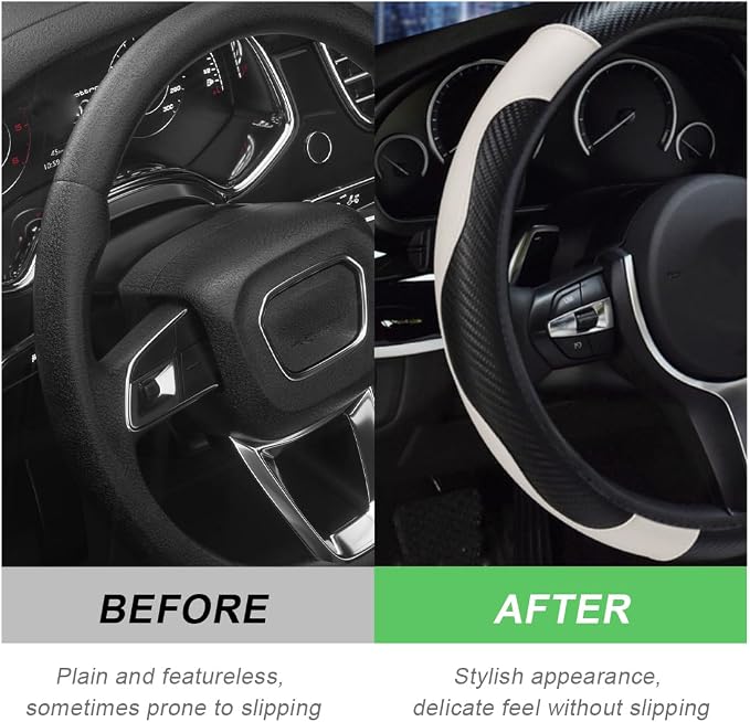 DXNQ Car Steering Wheel Cover, 15 Inch Carbon Fiber Leather Stitching Color Steering Wheel Protector, Anti-Slip Elastic Breathable Steering Wheel Cover Stylish Decor for Most Cars (Black & White) - Image 4