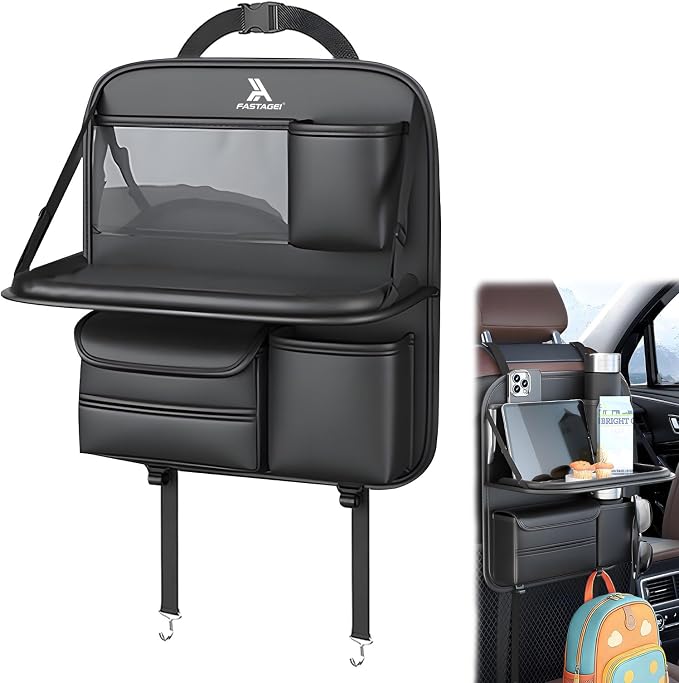Universal Premium Leather Foldable Car Backseat Organizer with Table Tray, Seat Back Protector with Touch Screen Pad Phone Holder, Car Storage Pockets Tissue Holder with School Bags Hooks by FASTAGEI