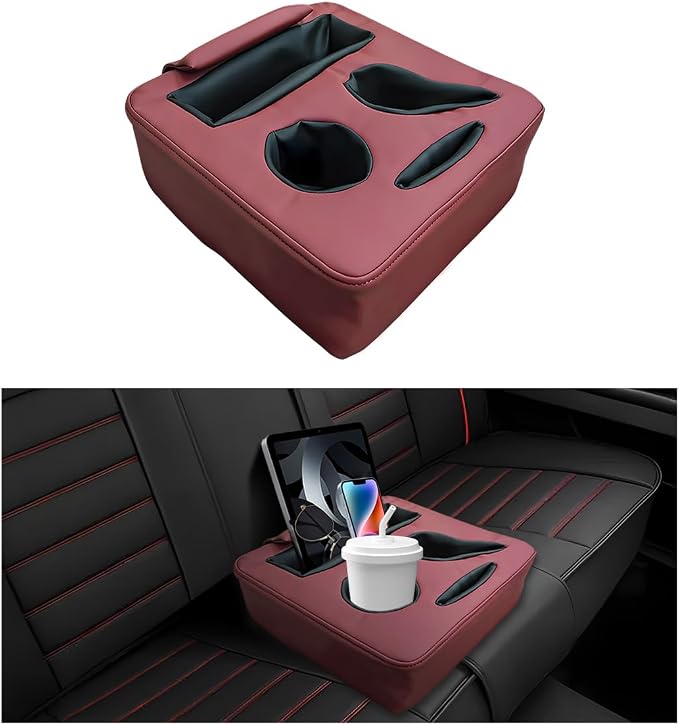 Car Back Seat Organizer, Leather Automotive Rear Seat Couch Cup Holder Expander Tray, Vehicle Cup Holder Tray Holds Snacks Remotes Phones for Truck RV Boat Couch Pillow Bed (Wine Red) by Unknown