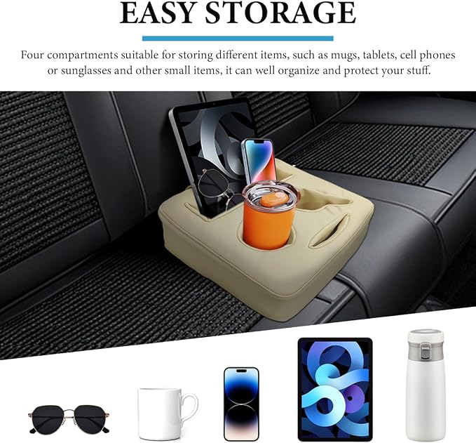 Car Back Seat Organizer, Leather Automotive Rear Seat Couch Cup Holder Expander Tray, Vehicle Cup Holder Tray Holds Snacks Remotes Phones for Truck RV Boat Couch Pillow Bed (Beige) - Image 5