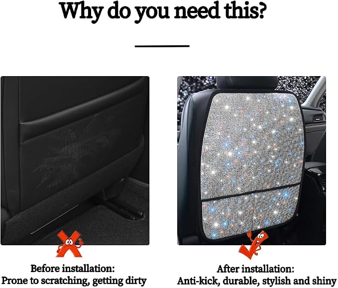 Bling Crystal Car Seat Back Kick Protectors with Storage, Sparkly Diamond Kick Mats, Universal Seat Protector for SUV and Automotive Crystal Auto Accessories for Women White 2pcs - Image 6
