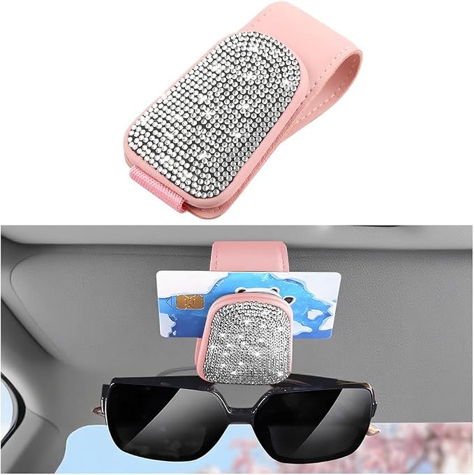 HZEL Bling Sunglass Holder for Car Sun Visor, Magnetic Leather Crystal Rhinestones Vehicle Eyeglasses Visor Clip, Diamond Automotive Glasses Hanger Mount, Universal for SUV RV Truck (Pink/White) by Unknown