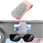 HZEL Bling Sunglass Holder for Car Sun Visor, Magnetic Leather Crystal Rhinestones Vehicle Eyeglasses Visor Clip, Diamond Automotive Glasses Hanger Mount, Universal for SUV RV Truck (Pink/White) by Unknown