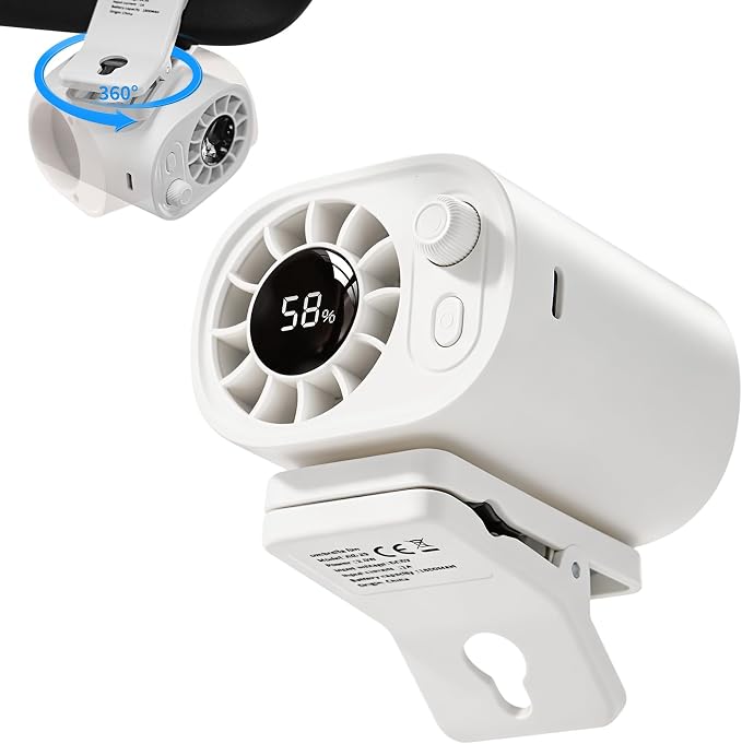 EVADA Car Clip On Fan with LED Display, 360° Rotating, 100 Speed Adjustable, Portable USB Rechargeable 1800mAh Battery Personal Cooling Mini Fan Handheld for Summer, Office, Outdoor, Travel - White by Unknown