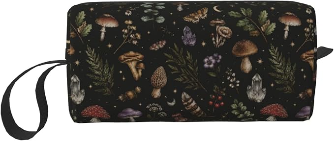 Dark Gothic Forest Botanical Makeup Bag for Women Mushroom | Small Travel Cosmetic Pouch with Zipper, Compact Makeup Organizer Bag for Purse, Toiletries, Skincare & Daily Essentials by OLUSENMO