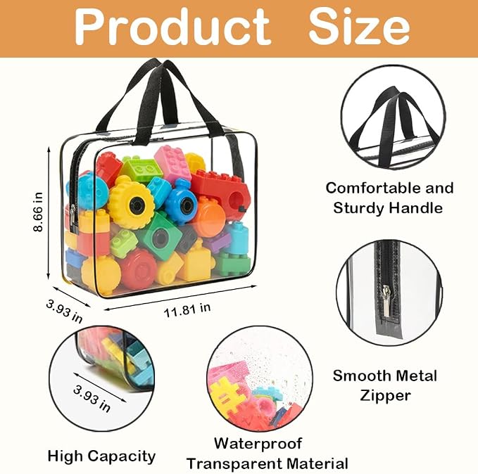 6 Packs Extra Large Toy Storage Bags with Zipper, Clear Toy Organizer Bag | with Labels for Blocks, Reusable 11.8″×8.6″×3.9″ Travel Waterproof Organizer Bags for Puzzles, PVC Plastic Toy Container - Image 2