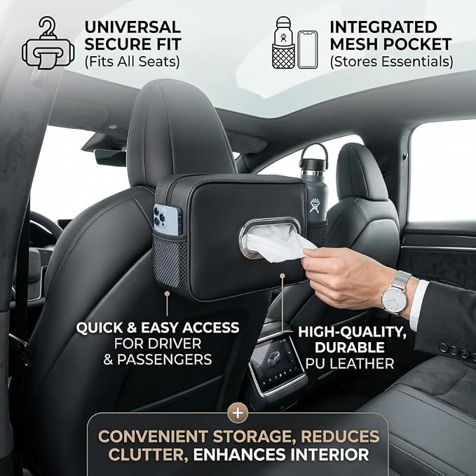 Car Tissue Box Holder, PU Leather car Napkin Organizer with Pockets | Fits Full Tissue Box, Secure Easy Install, Dual Mesh Storage Pockets, Great Gift for Drivers - Image 2